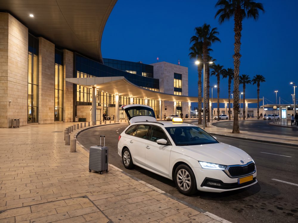 מונית לבנה עם תא מטען פתוח ומזוודה ממתינה בטרמינל נתב"ג לפנות בוקר
