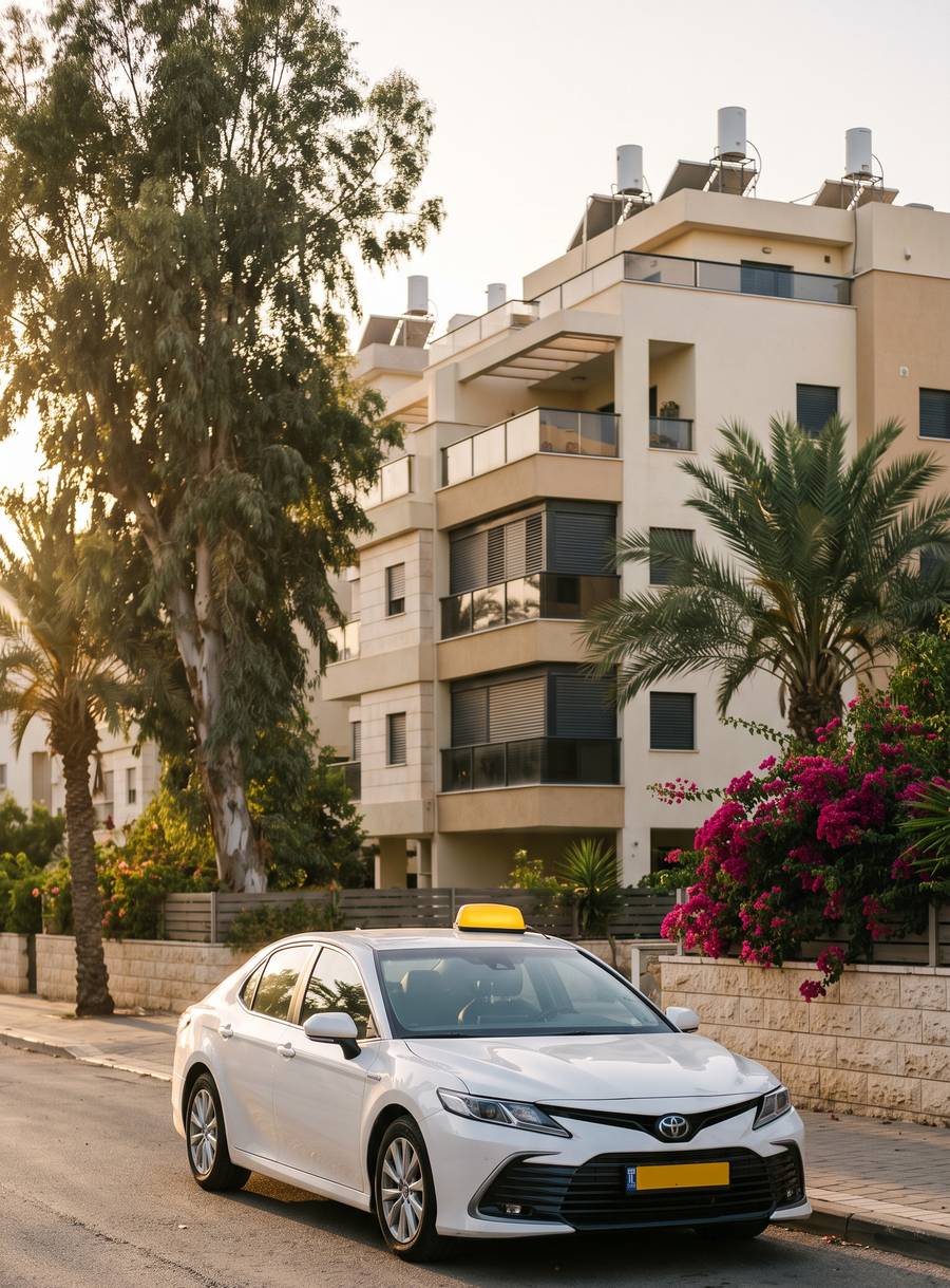 מונית לבנה עם שלט גג צהוב חונה ברחוב מגורים בחדרה באור אחר צהריים
