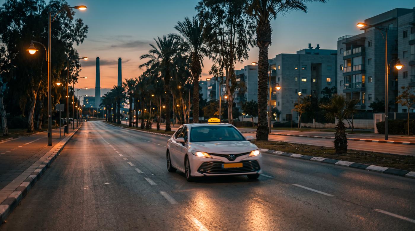 מונית לבנה נוסעת בשדרה בחדרה בשעת דמדומים, ארובות תחנת הכוח באופק